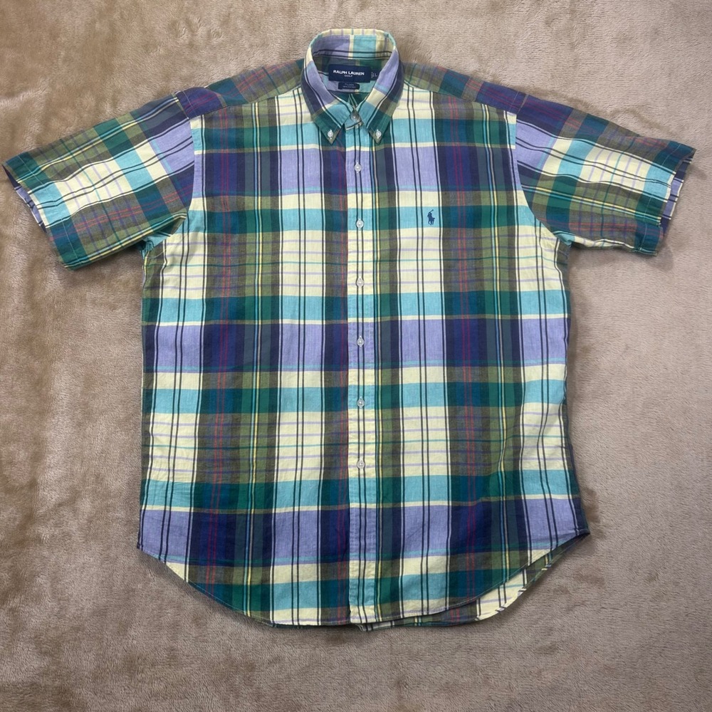 Ralph Lauren Golf Tilden Shirt‎ Mens Large Green Blue Plaid Short Sleeve Cotton